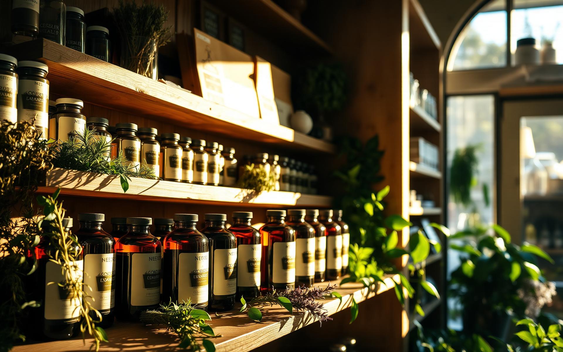 Sunlit shelves of natural supplements and fresh herbs inside Nature's Health Shoppe