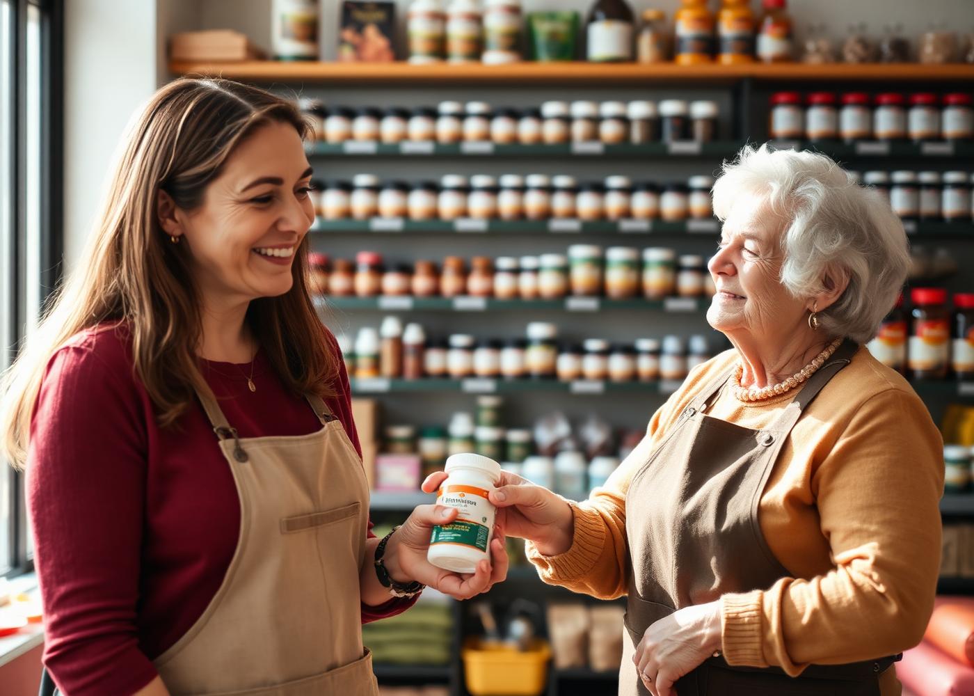 A shopkeeper helping a customer choose the right supplement