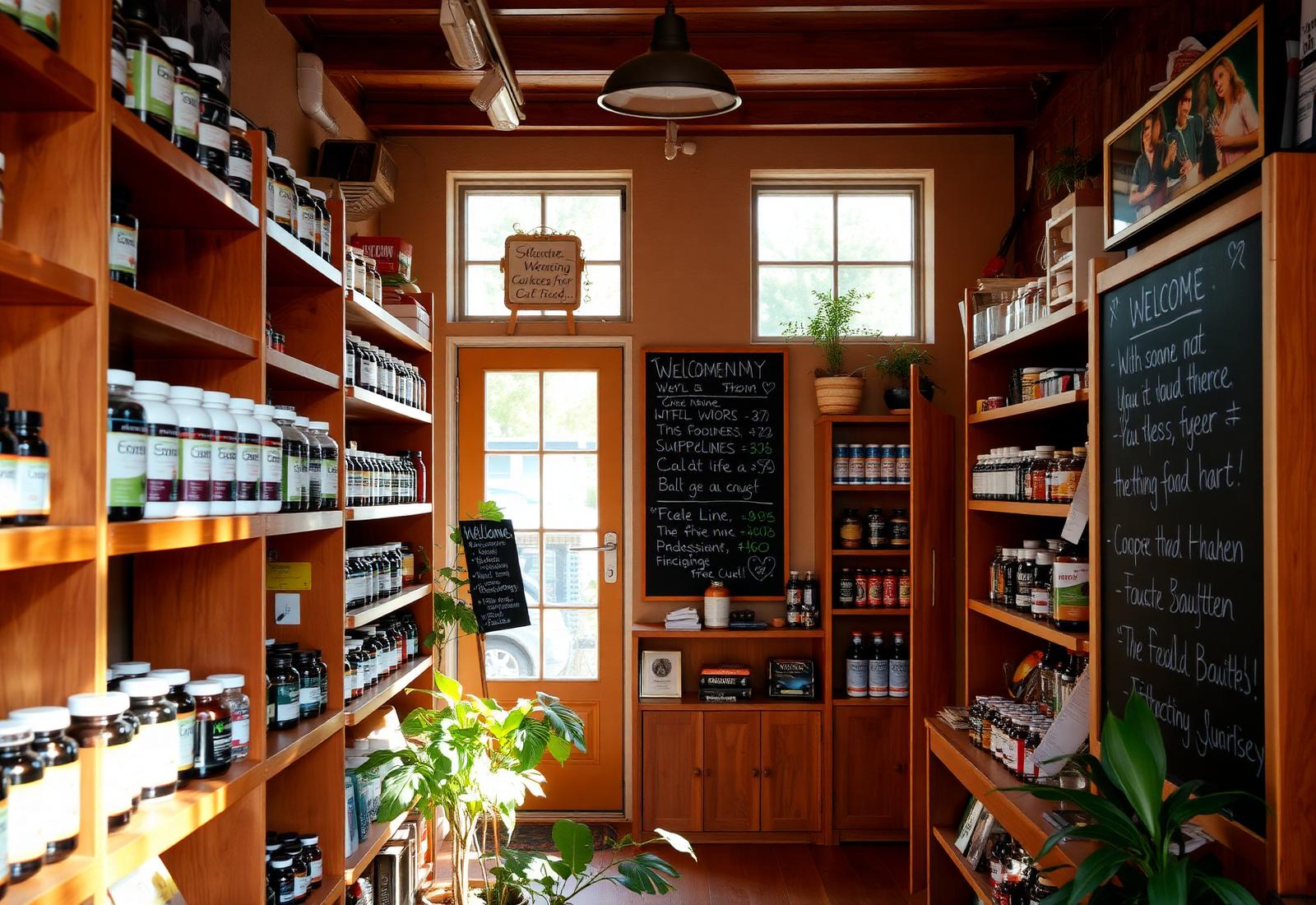 Warm interior of Nature's Health Shoppe with wooden shelves of supplements